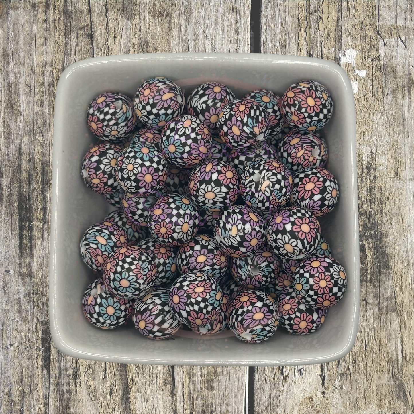 15mm Printed Silicone Bead - Checkered Flowers