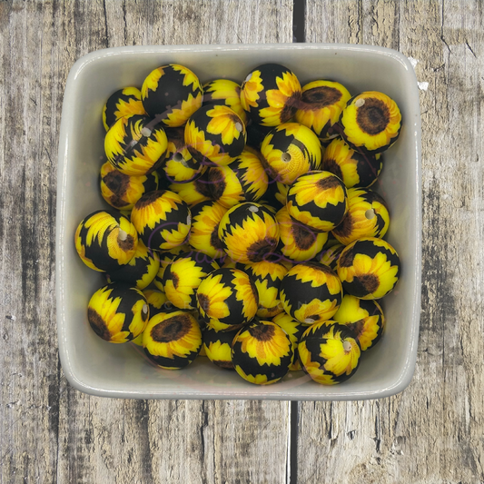 15mm Printed Silicone Bead - Black Sunflower