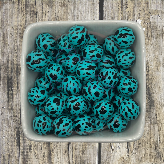 15mm Printed Silicone Bead - Turquois Cow