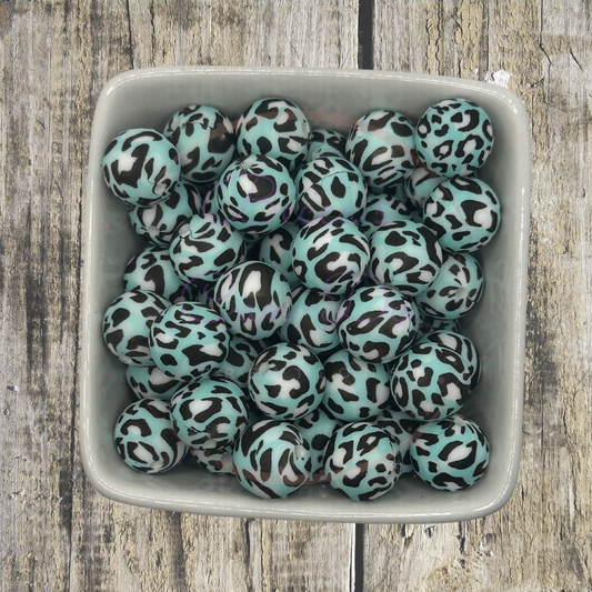 15mm Printed Silicone Bead - Teal Leopard