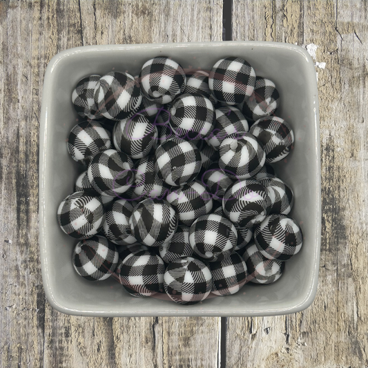 15mm Printed Silicone Bead - Black Plaid