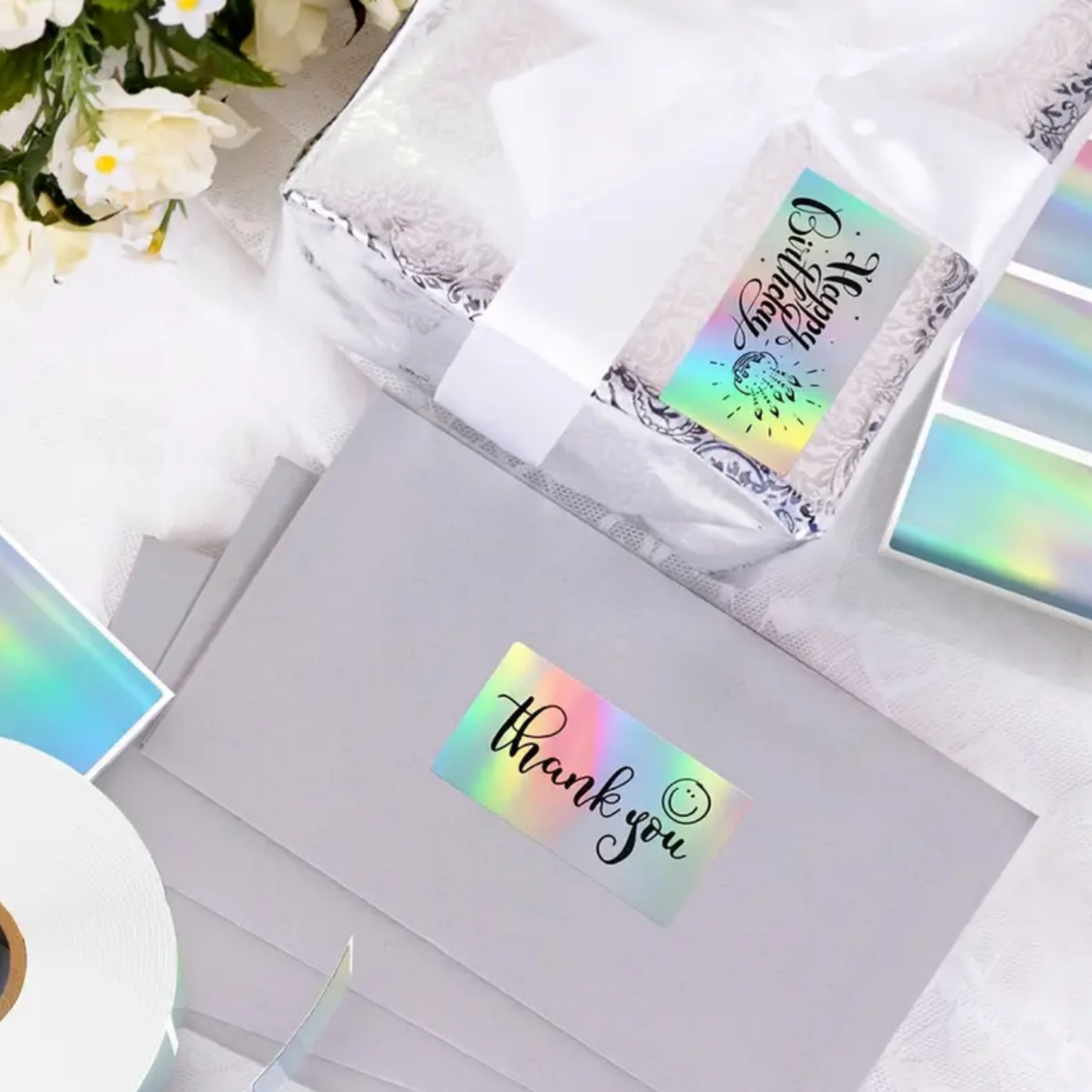 Labels For Small Business - Holographic Silver, Rainbow Gradient