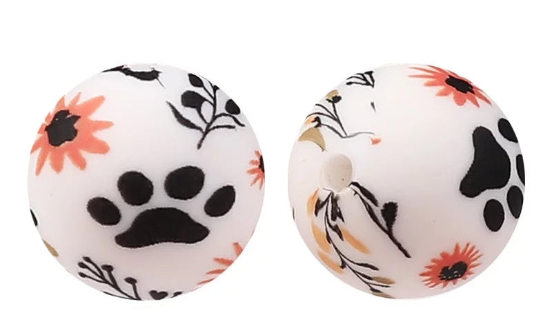 15mm Printed Silicone Bead Wildflower Paw Print