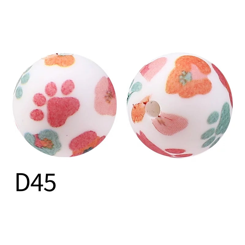 15mm Printed Silicone Bead Pastel Paw Print