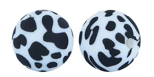 15mm Printed Silicone Bead - 15 Black Cow