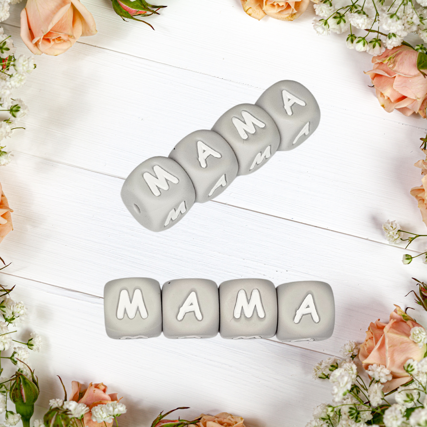 MAMA 12mm Silicone Bead - 12mm Grey Silicone Letter Beads