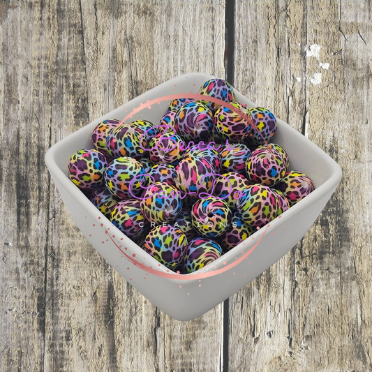 15mm Printed Silicone Beads - Rainbow Leopard