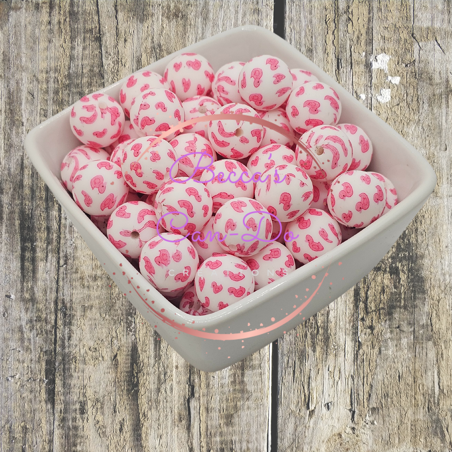 15mm Printed Silicone Beads - Pink Ducks